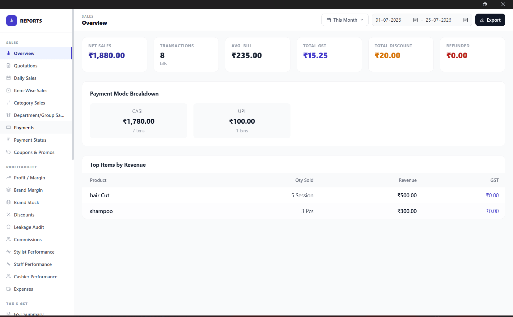 Talvera Orbit sales reports dashboard showing net sales, transaction count, average bill value, total GST, payment mode breakdown across cash and UPI, and top items by revenue