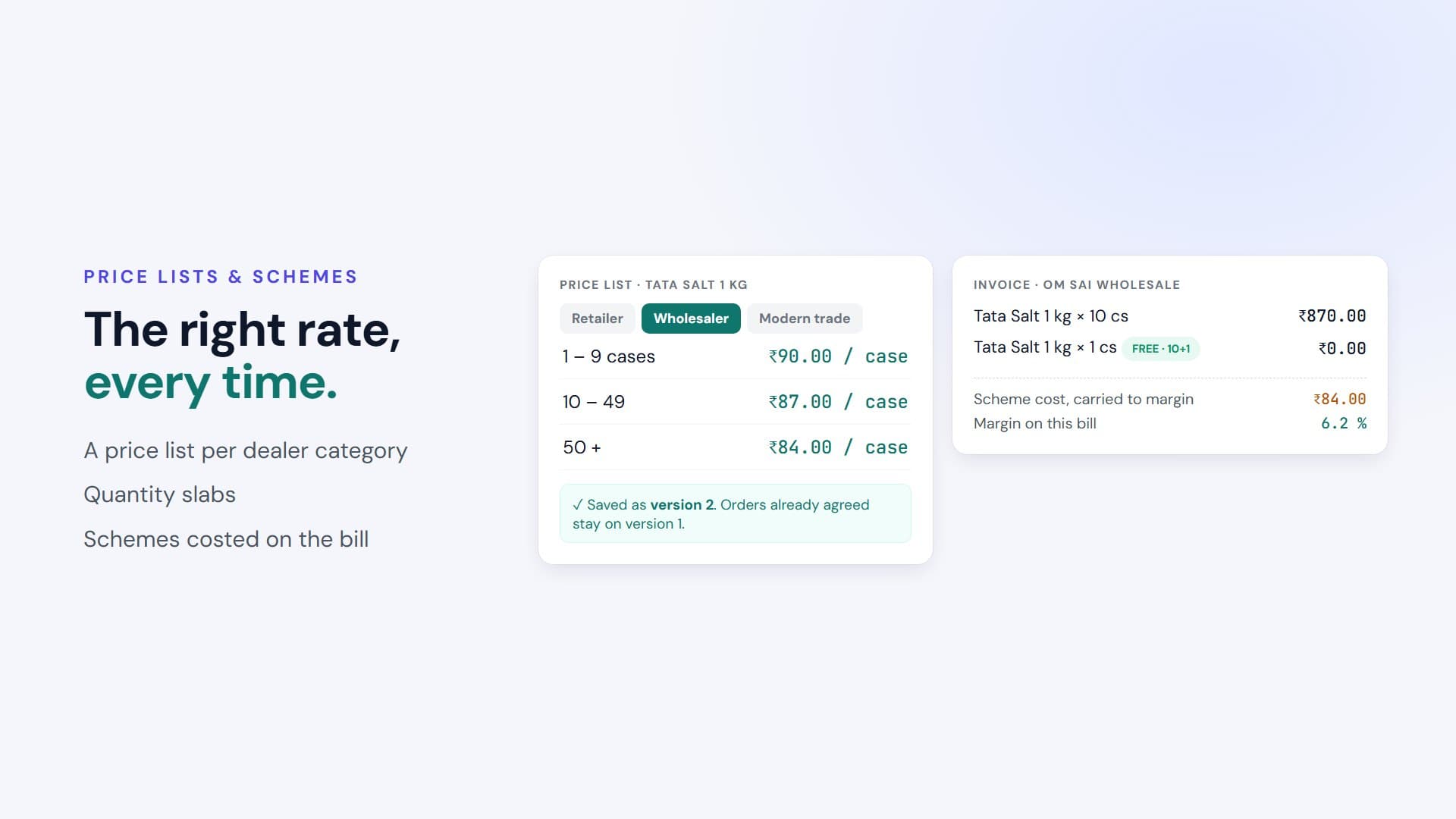 Talvera Orbit price list with retailer, wholesaler and modern trade tabs and quantity slabs, saved as a new version, beside an invoice with a 10+1 free-goods scheme costed to margin