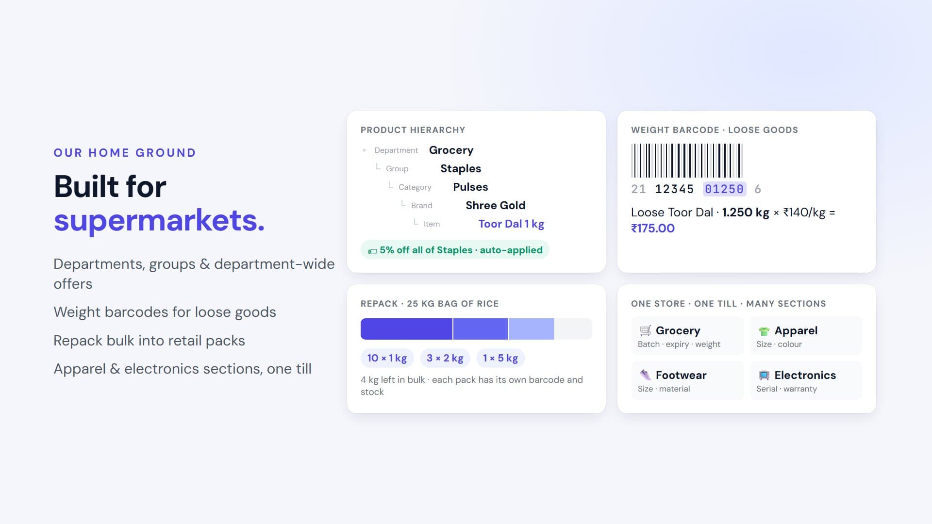 Talvera Orbit supermarket features: department and group hierarchy with a department-wide offer, a weight barcode pricing loose toor dal, repacking a 25 kg rice bag into retail packs, and grocery, apparel, footwear and electronics sections on one till