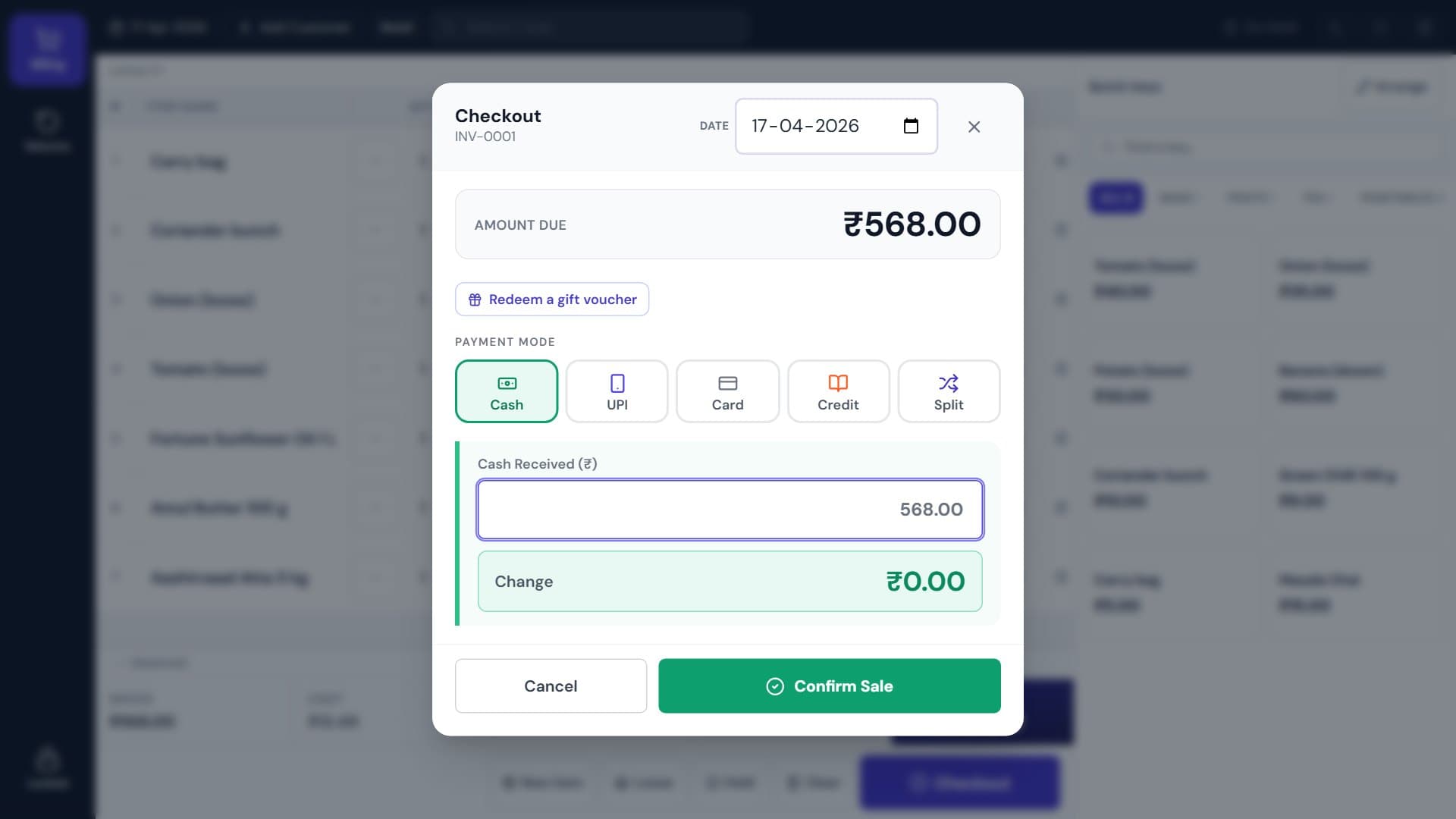 Talvera Orbit touch checkout showing amount due ₹568 with large Cash, UPI, Card, Credit and Split payment buttons, cash received, change and a Confirm Sale button