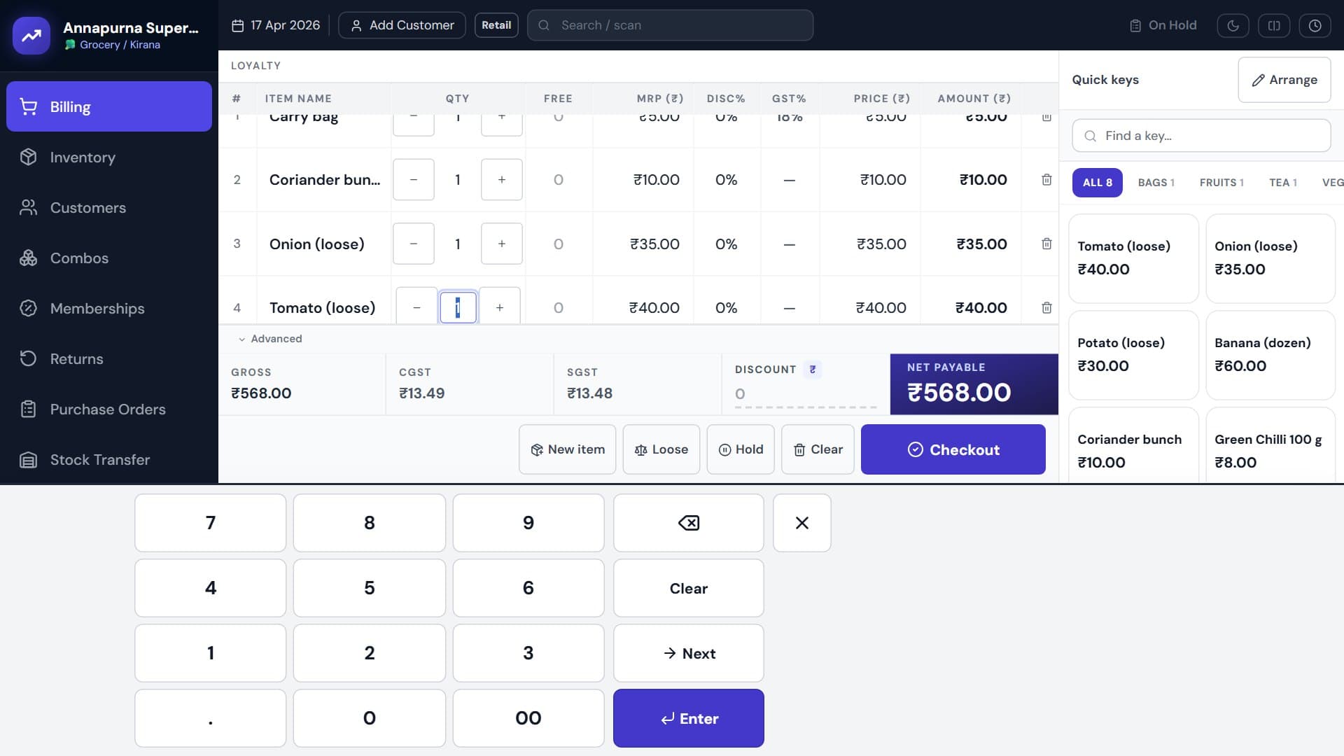 Talvera Orbit on-screen number pad open under the bill after tapping a quantity box, with digits, 00, decimal point, backspace, clear, next and enter keys