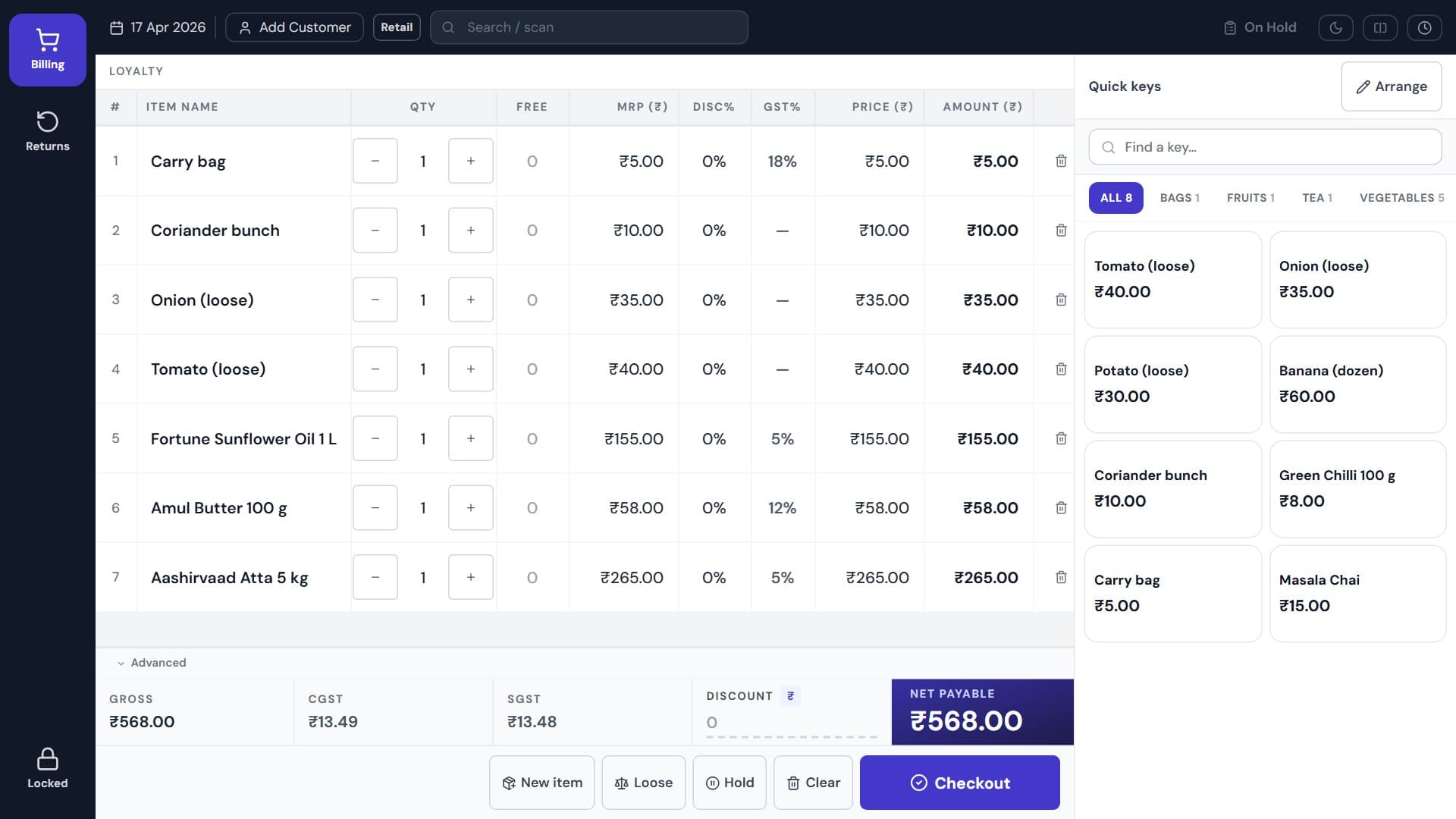 Talvera Orbit touch POS till locked to billing: a seven-item grocery bill with large quantity buttons and MRP, discount %, GST %, price and amount on every line, quick keys for loose tomato, onion, potato, banana and carry bag beside it, net payable ₹568, and a side rail with only Billing, Returns and a lock