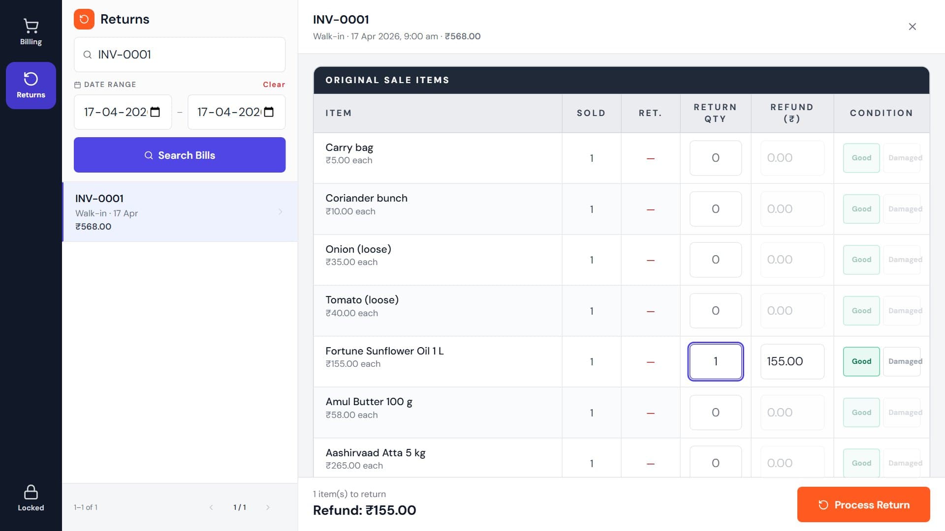 Talvera Orbit returns screen on a locked touch till: invoice INV-0001 open with its items, a return quantity of 1 against one item, good or damaged condition buttons, refund ₹155 and a Process Return button